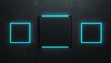 Dark background with three neon squares.