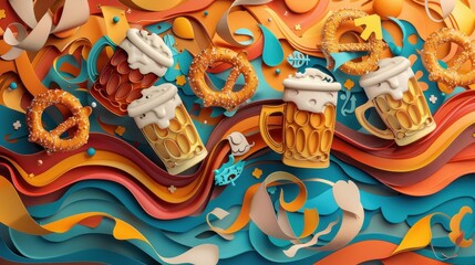 Colorful Abstract Illustration of Beer Mugs and Pretzels Celebration