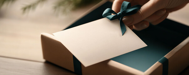 A hand holding a thank-you card above a gift box, symbolizing gratitude and appreciation, with a focus on the handwritten text.
