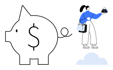 Woman holding shopping bags and inspecting a wallet beside a large piggy bank with a dollar sign. Ideal for financial management, budgeting, saving, personal finance, consumerism, shopping habits