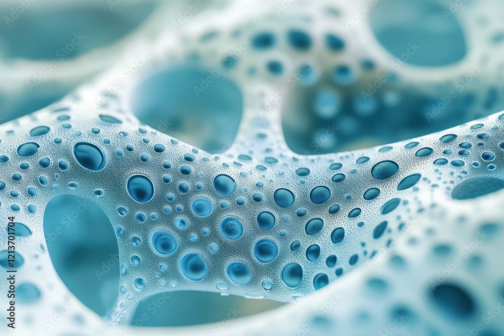Poster close-up exploration of textured material with intricate patterns and blue hues in a scientific sett