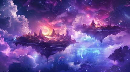 Celestial Abstract Illustration of Floating Lands in a Starry Sky