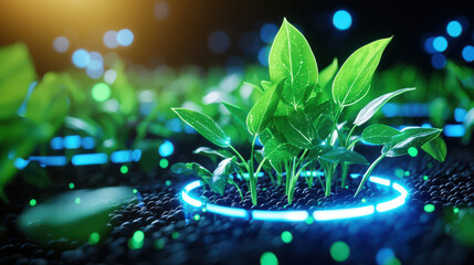 Futuristic scene of green plants with glowing technology in farm setting, showcasing innovation in agriculture and sustainable farming practices