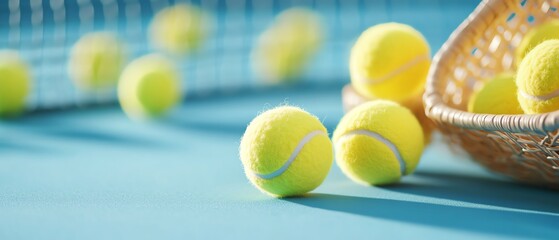 Bright yellow tennis balls spill from a basket onto a blue court, with a net in the background, conveying a dynamic sports theme.