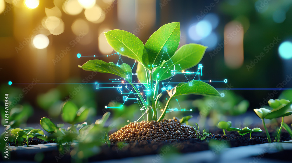 Poster futuristic scene of soy farming with technology, showcasing young plant surrounded by digital elemen