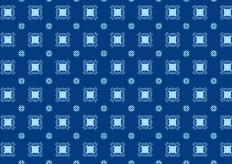 A seamless pattern featuring intricate blue square tiles and floral motifs on a deep blue background, perfect for elegant decorative designs.