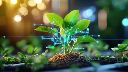 futuristic scene of soy farming with technology, showcasing young plant surrounded by digital elements and glowing data. image conveys innovation in agriculture