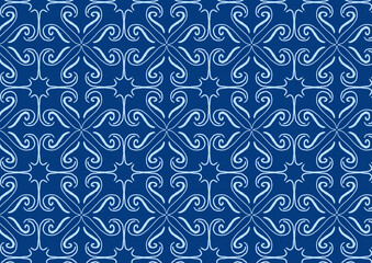 Seamless blue background featuring intricate swirling motifs and floral-inspired shapes, perfect for decor, textiles, and graphic design.