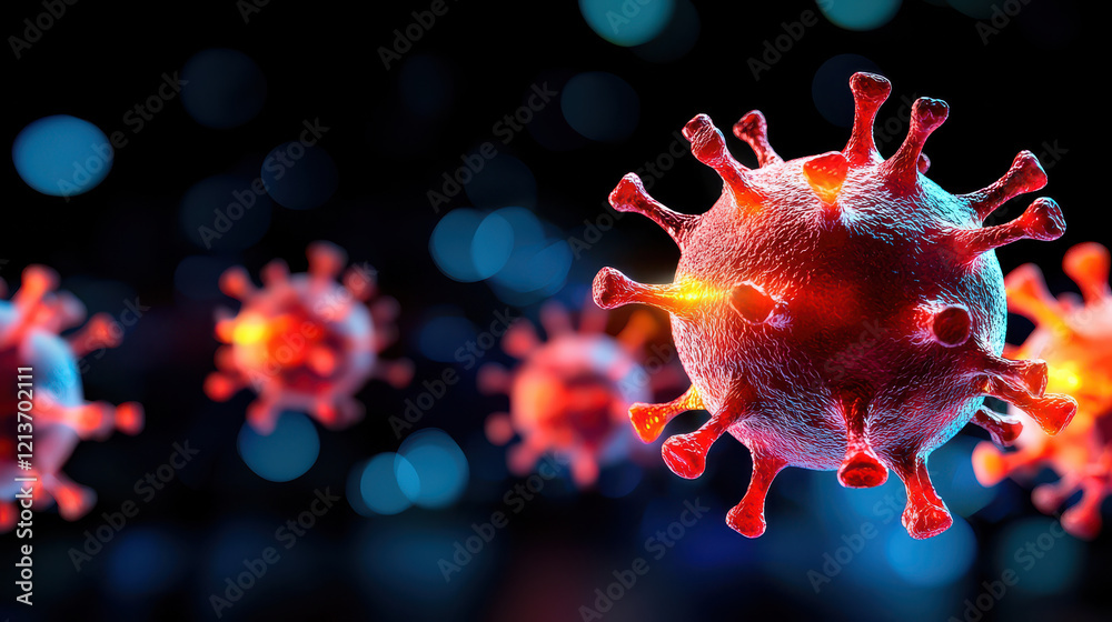 Poster futuristic scene of virus research showcasing detailed virus structures with vibrant colors and adva