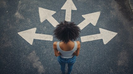 Woman facing multiple directional arrows on asphalt