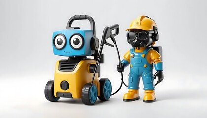 Obraz premium Cute Robot and Worker Cleaning with Pressure Washer