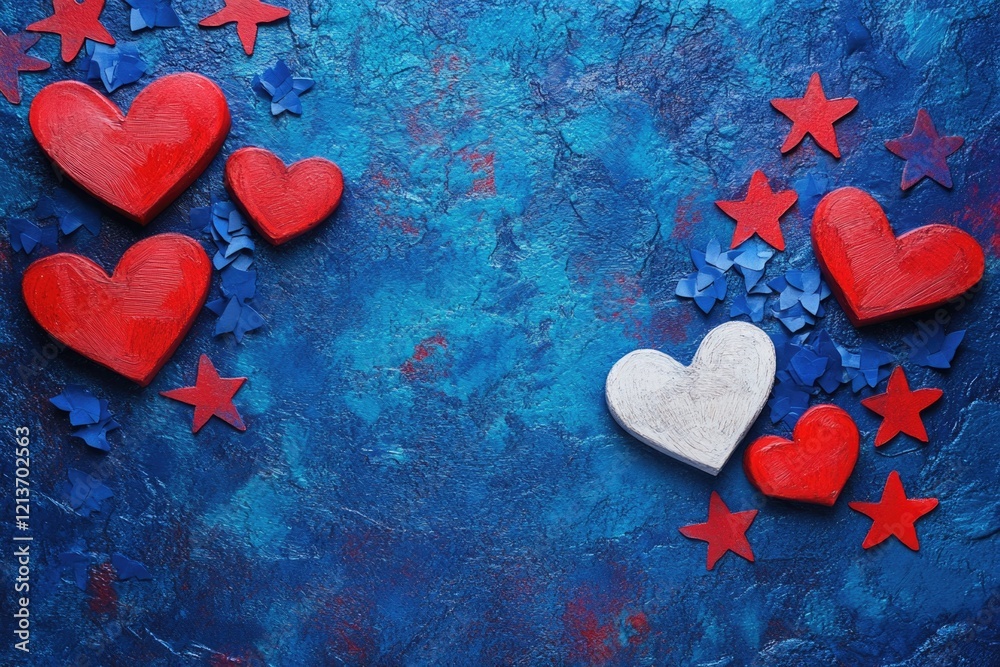 Wall mural red and white hearts and stars on blue background