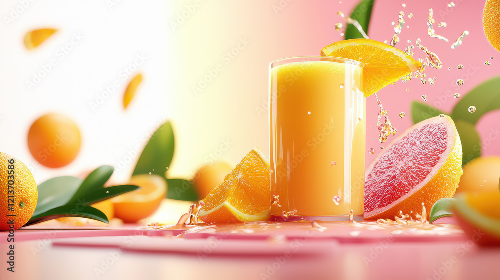 Aufkleber freshly squeezed orange juice in glass, surrounded by vibrant oranges and splashes. bright colors cr