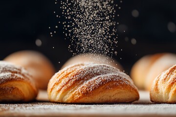 Freshly baked pastries dusted with powdered sugar, capturing the essence of bakery perfection in a warm and inviting setting.