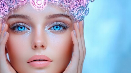Ethereal Beauty Close-up Portrait of Woman with Frost Makeup and Delicate Crown