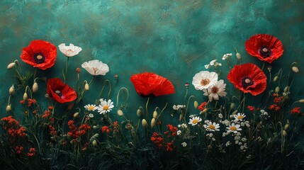 Obraz premium Red poppies, daisies, teal background, floral arrangement, greeting card
