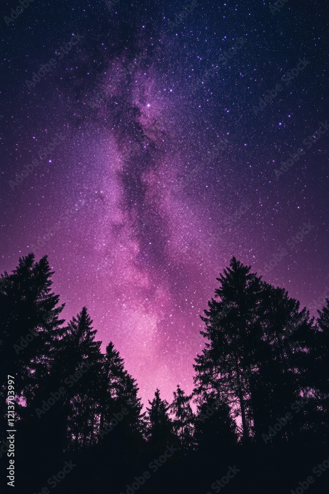 Wall mural night sky with stars and trees