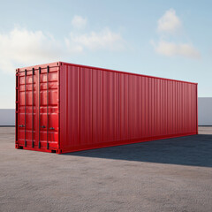 Fototapeta premium large red shipping container stands prominently against clear sky, showcasing its robust design and industrial appeal. This container is ideal for storage or transport needs
