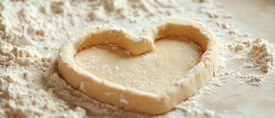 Obraz premium Heart-shaped cookie dough on a floured surface, ready for baking. Perfect for Valentine's Day, anniversaries, or special occasions.