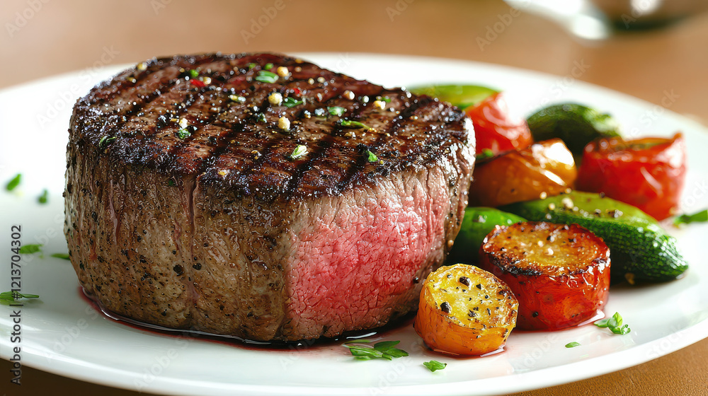 Poster gourmet steak cooked to perfection with crispy sear, served alongside colorful roasted vegetables, creating delightful and appetizing presentation