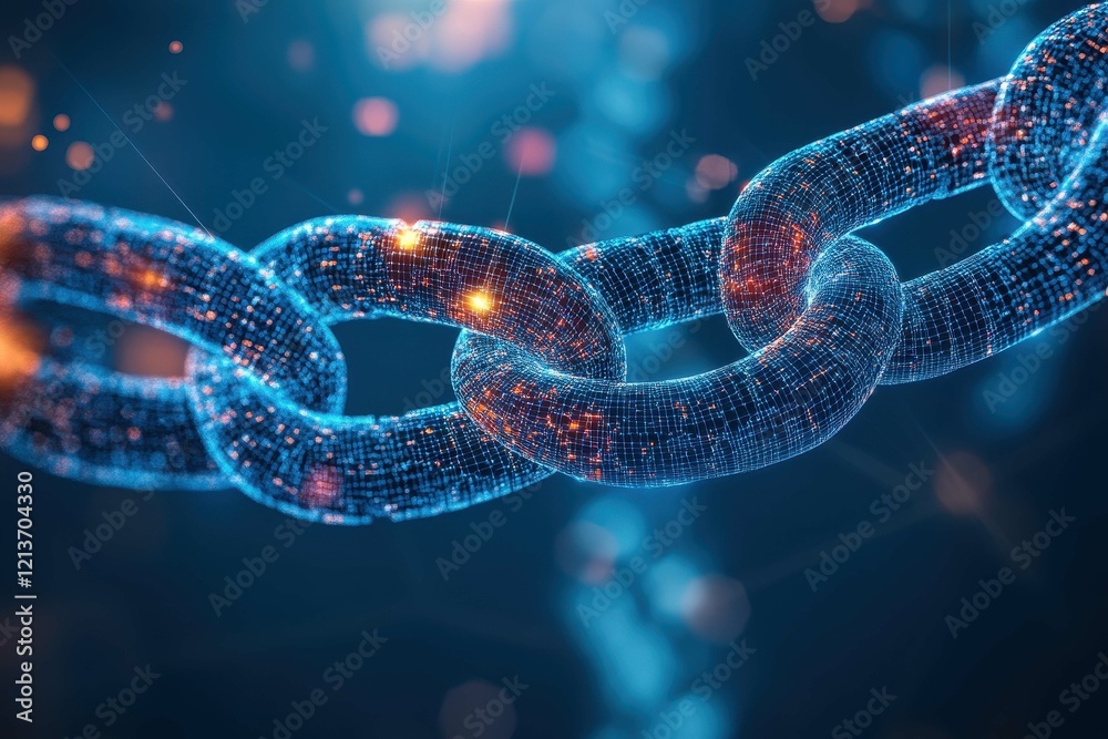 Poster digital chain links representing blockchain technology and secure data connections in a futuristic s