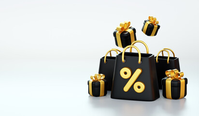 Fototapeta premium Shopping bags Illustration with 3d rendering isolated on black background. Online Shopping advertising. Flash sale, shopping discount theme. e-commerce concept. premium sale banner. 3d Illustration