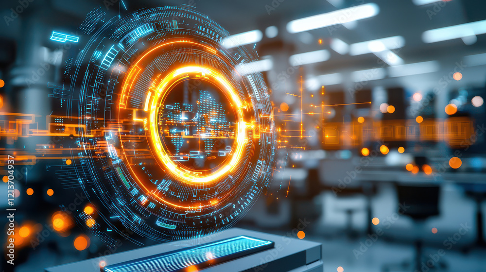 Poster High tech digital interface in modern laboratory showcasing advanced technology and data visualization. vibrant orange and blue colors create futuristic atmosphere