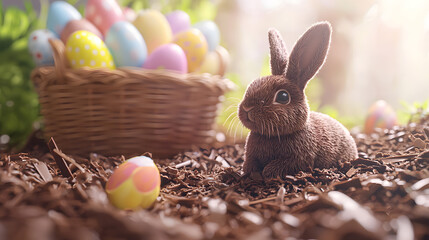 easter card, easter bunny with eggs, easter eggs and flowers, easter eggs in a basket, easter eggs and flowers on a white background, easter wall paper and background for social media	