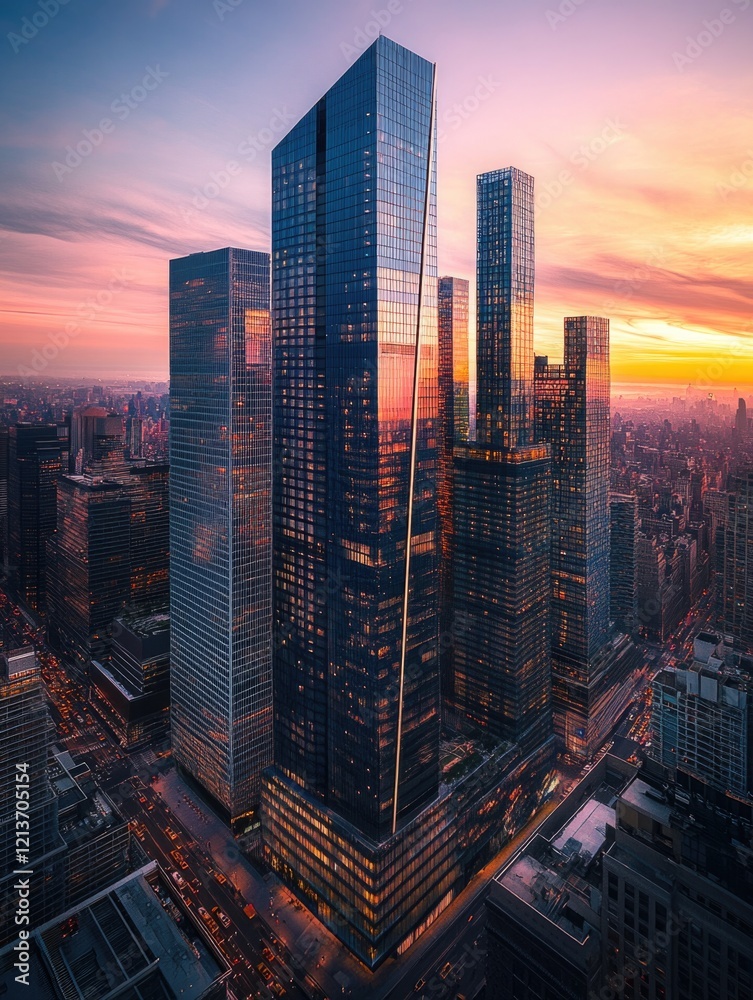 Poster City skyline at sunset from high-rise