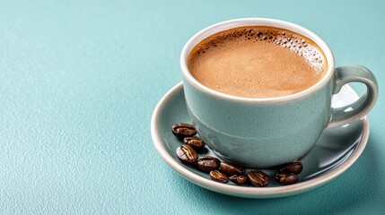 Obraz premium Aromatic Coffee in Teal Cup on Mint Background
