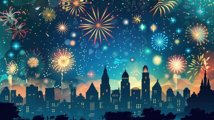 Fototapeta premium Dazzling Abstract Cityscape Fireworks Illustration at Night Sky