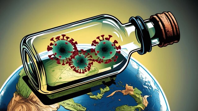three cells of virus being captivated in a jar that threatened the world in pop art illustration style