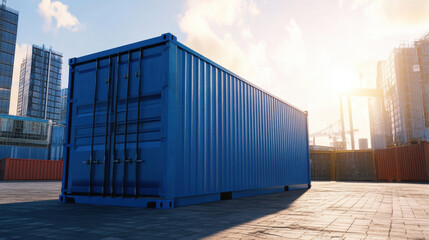 blue shipping container stands prominently in modern industrial area, illuminated by warm sunlight. scene captures essence of urban logistics and transportation