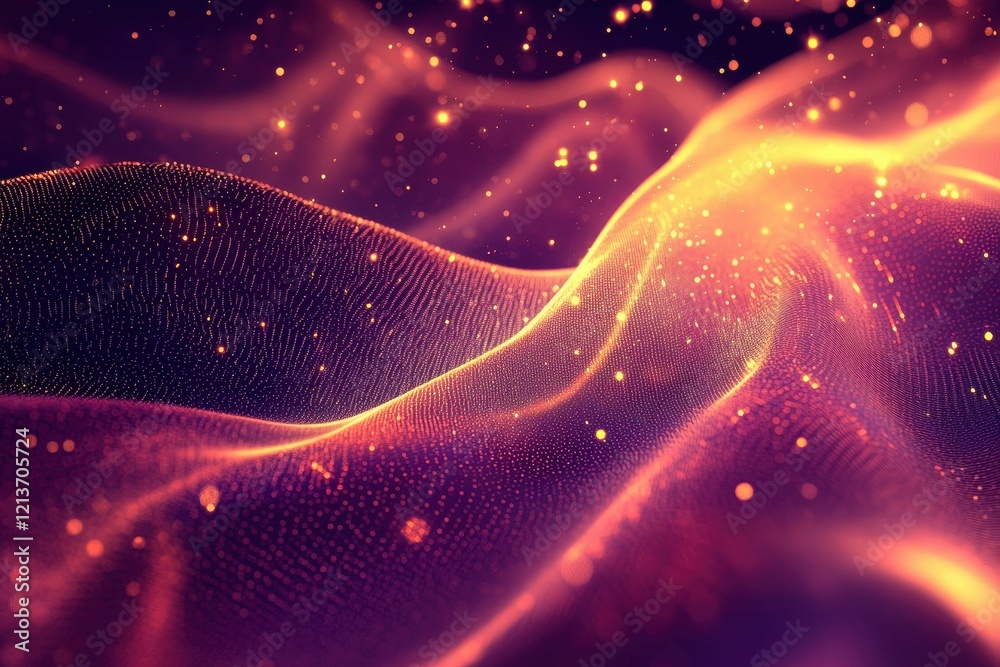 Poster colorful abstract waves of light flowing in a mesmerizing pattern illuminated by sparkling particles