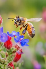Fototapeta premium Honeybees interacting with vibrant wildflowers in a sunlit meadow during a warm afternoon