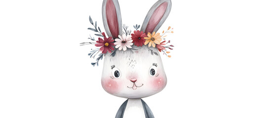 Fototapeta premium easter card, easter bunny with eggs, easter eggs and flowers, easter eggs in a basket, easter eggs and flowers on a white background, easter wall paper and background for social media 