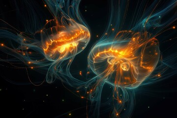 Bright jellyfish illuminated with vibrant colors swimming in dark waters at night