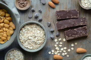 Fototapeta premium Homemade energy bars crafted with oats, nuts, and chocolate chips on a rustic countertop for a healthy snack