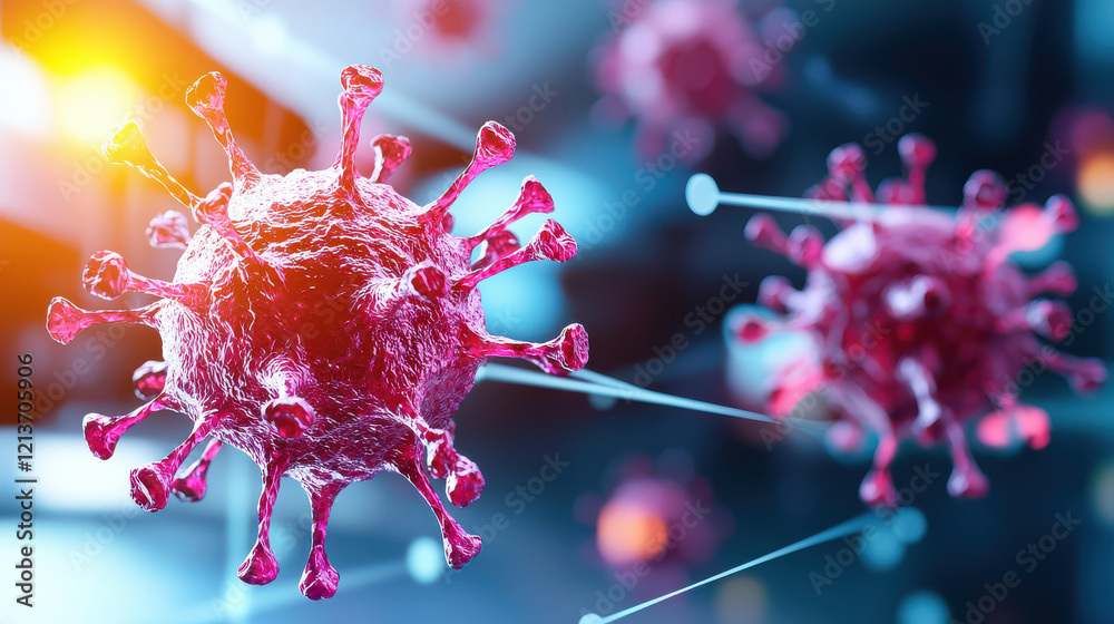 Poster high tech laboratory analyzing viruses with advanced technology, showcasing detailed virus structure