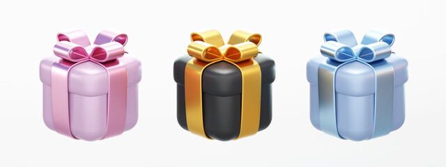 Set of realistic 3D gift boxes isolated on white background. 3D render of cute surprise box. New...