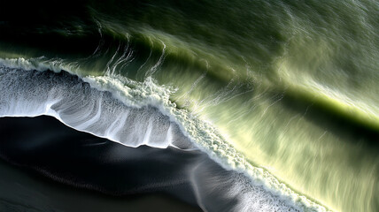 A serene aerial view of green waves gently rolling onto the shore, showcasing the beauty and motion of nature