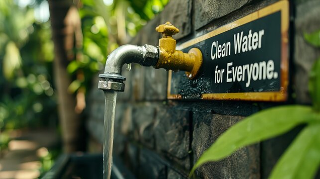 A vibrant image of a water faucet pouring clear water, accompanied by a sign that promotes the importance of clean water for everyone.