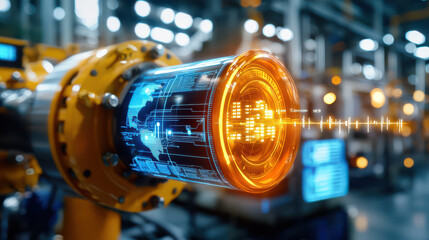 High tech industrial equipment with digital interface and glowing elements, showcasing advanced technology in modern facility