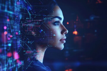 Woman's profile illuminated by digital data against a dark background creating a futuristic atmosphere