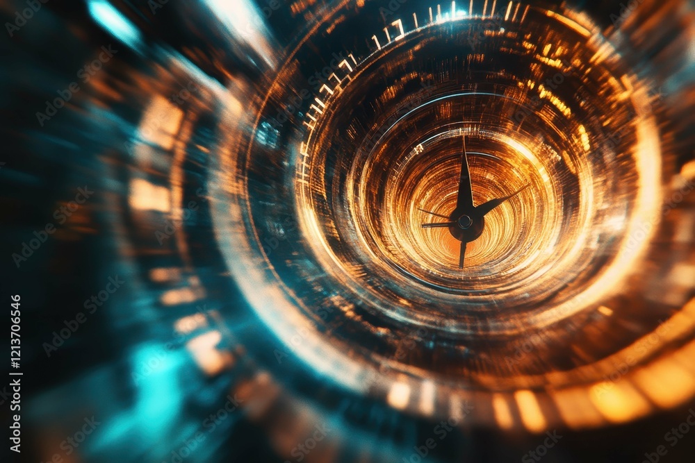 Poster dynamic time travel concept with glowing clock elements and swirling patterns set against a dark bac