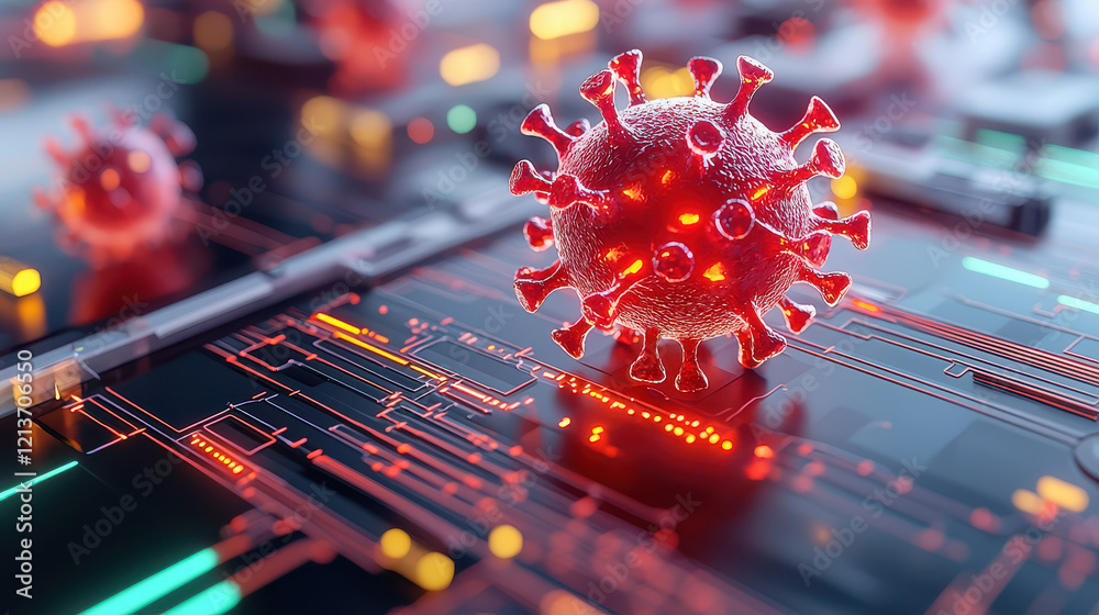 Aufkleber high tech virus analysis workspace featuring digital virus model, circuits, and glowing elements. th