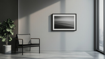 A single, black and white photograph hanging on a gray wall, its frame minimal.