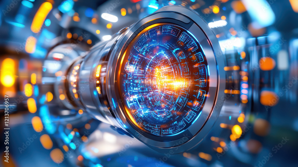 Poster high tech digital interface showcasing advanced technology and vibrant colors, featuring intricate patterns and glowing elements. This futuristic design represents innovation and modernity