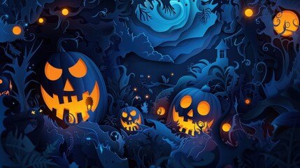 Festive Halloween Illustration with Pumpkins and Spooky Background