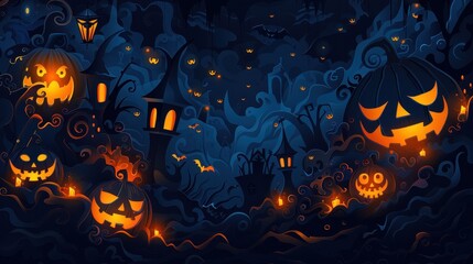 Spooky Halloween Background Illustration with Pumpkins and Ghostly Fog
